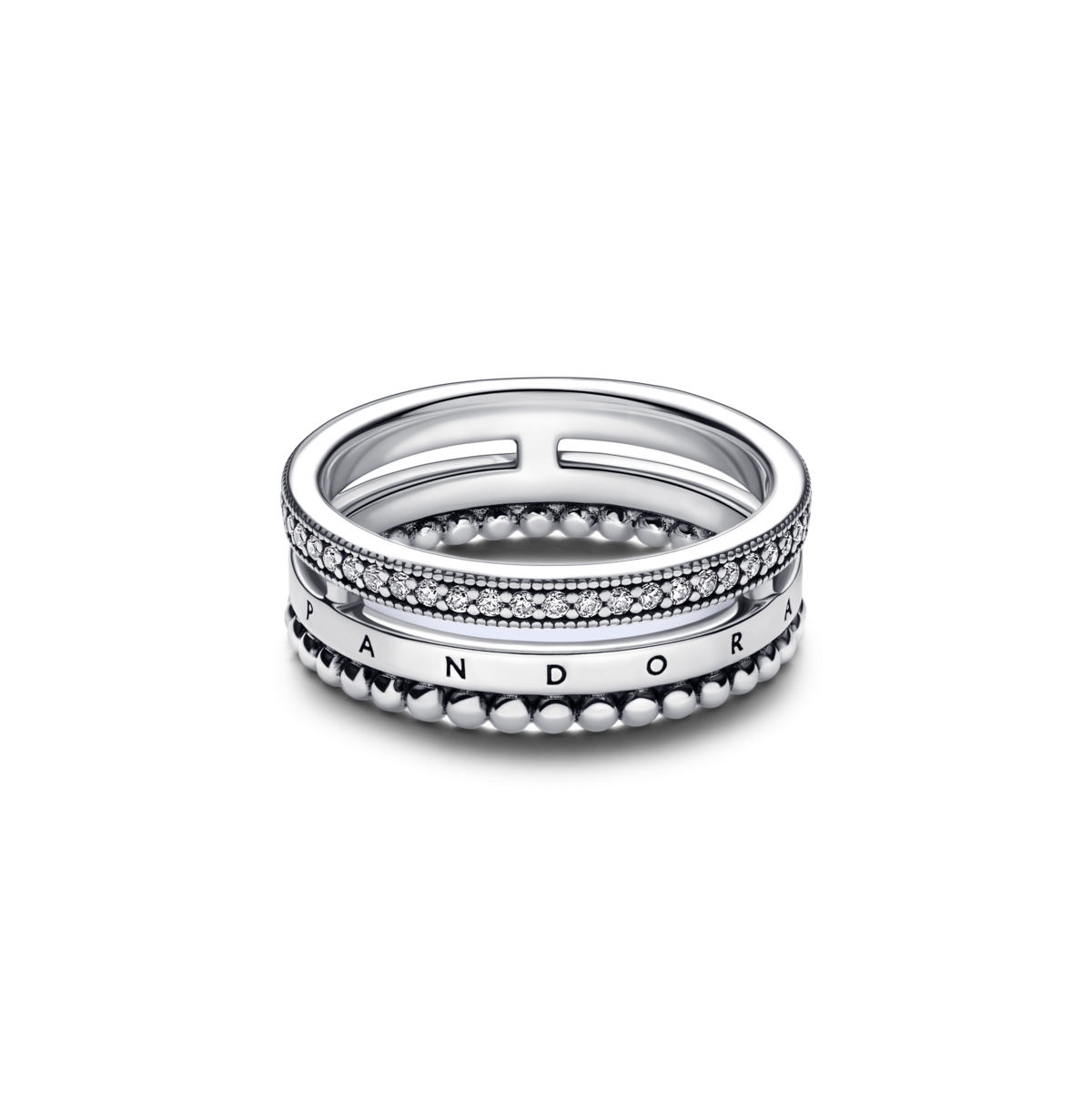 Pandora Sterling Silver Signature Logo Pave And Beads Ring In Silver