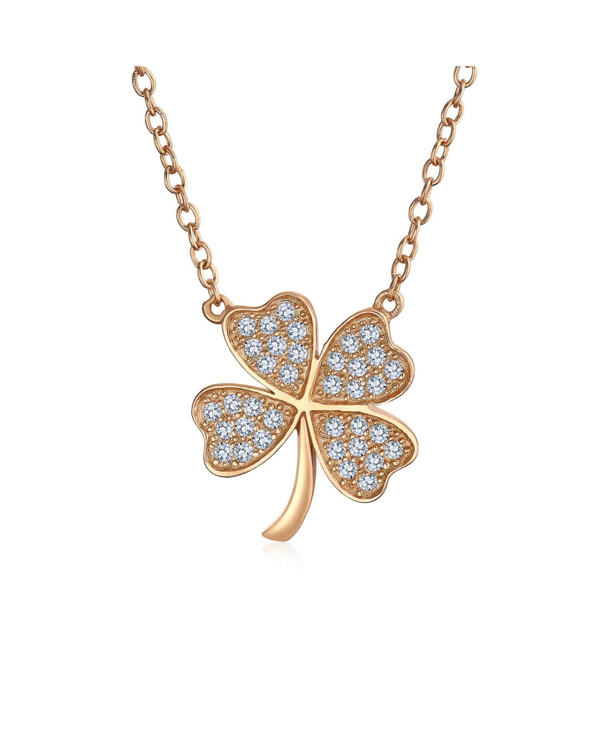 Celtic Shamrock Pave Cz Cubic Zirconia Lucky Charm Four Leaf Clover Pendant Necklace Rose Gold Plated .925 Sterling Silver - Rose