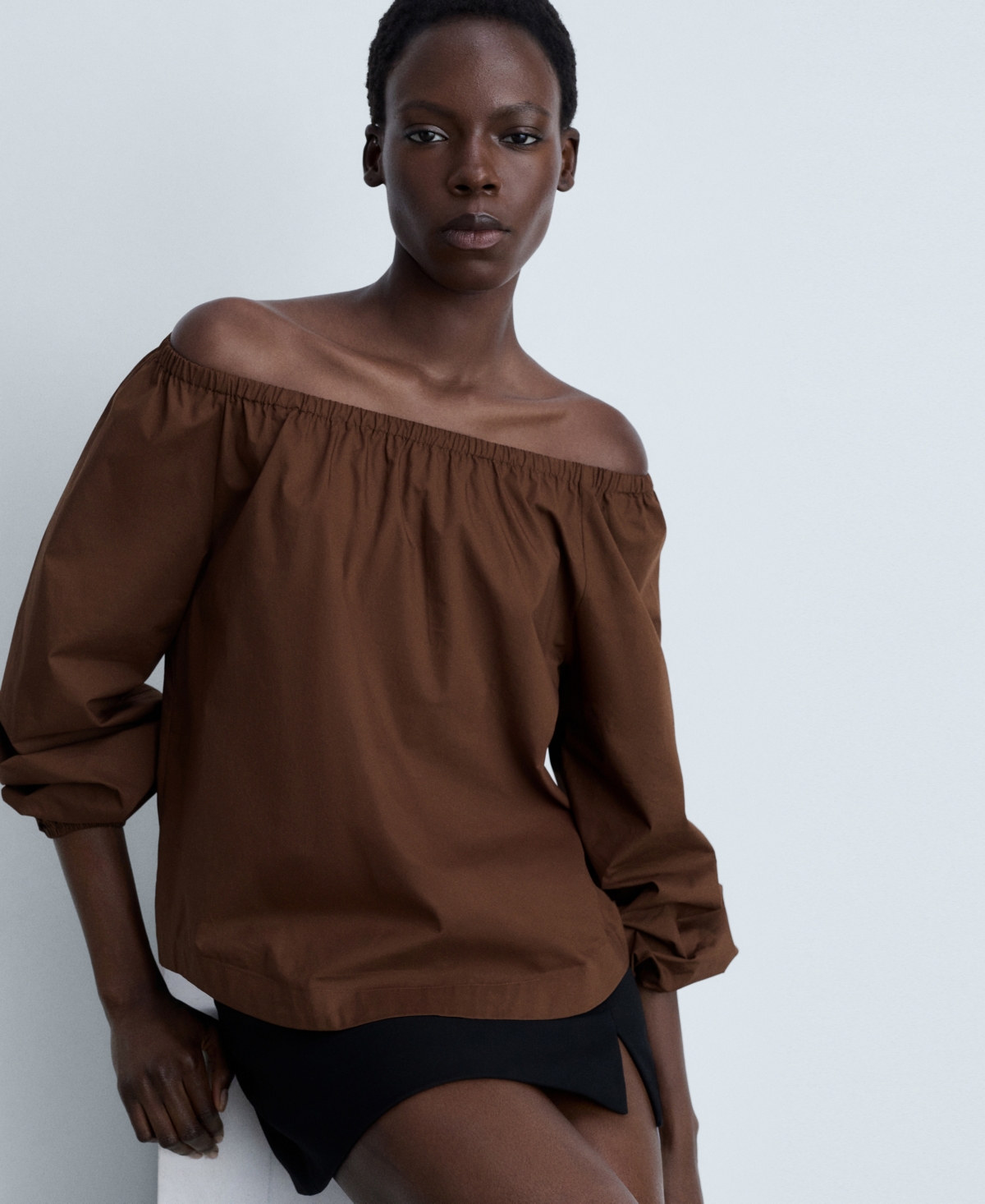 Mango Cotton Blouse With Gathered Neck Brown In Brown