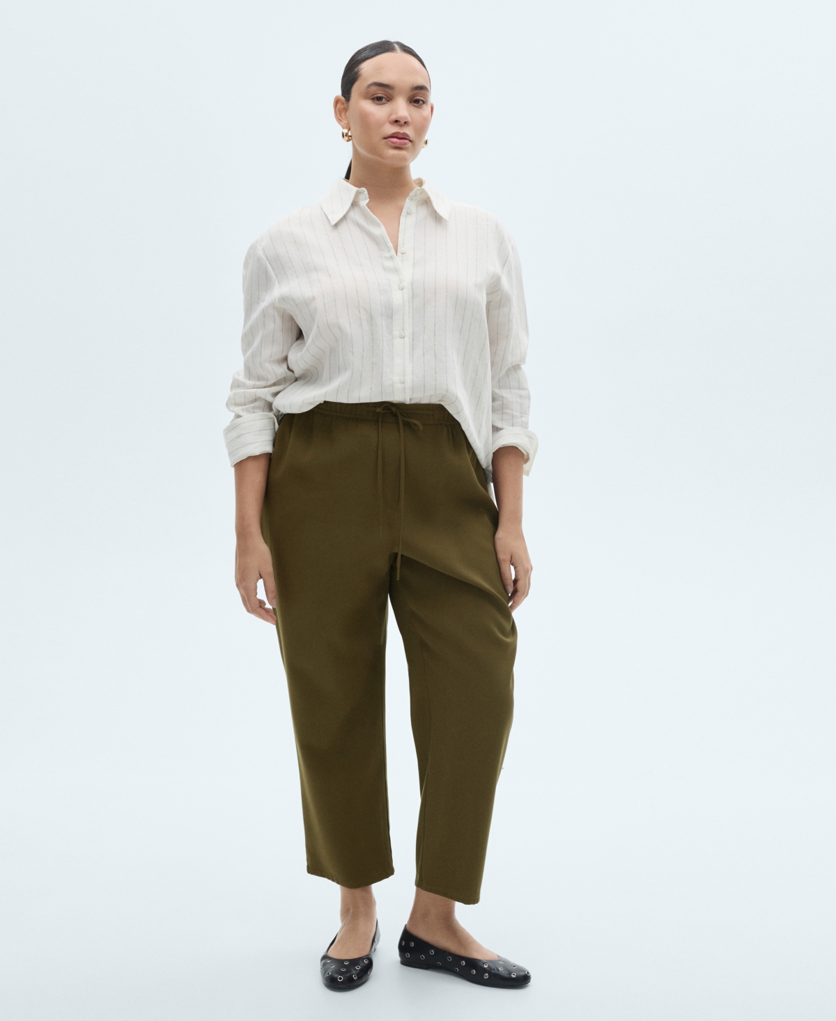 Shop Mango Women's Elastic Waist Flowy Trouser Pants In Khaki