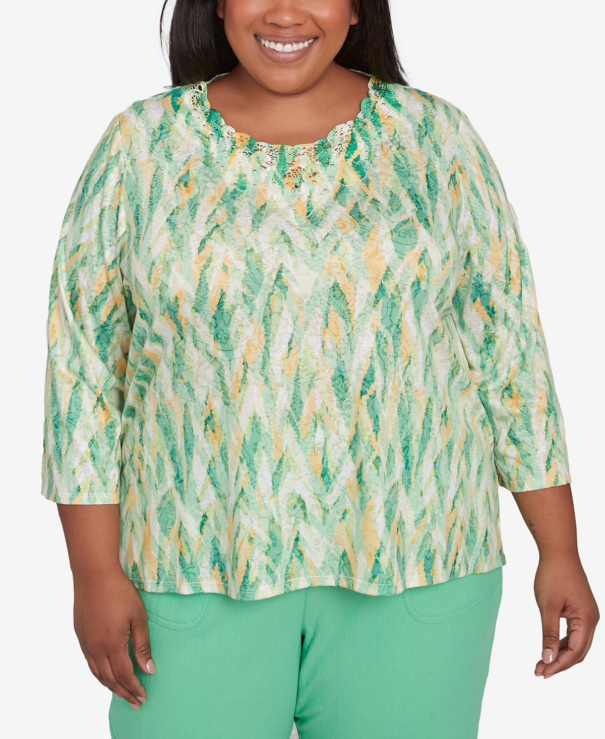 Alfred Dunner Plus Size Rise And Shine Bright Textured Strokes Embellished Top In Lime Multi