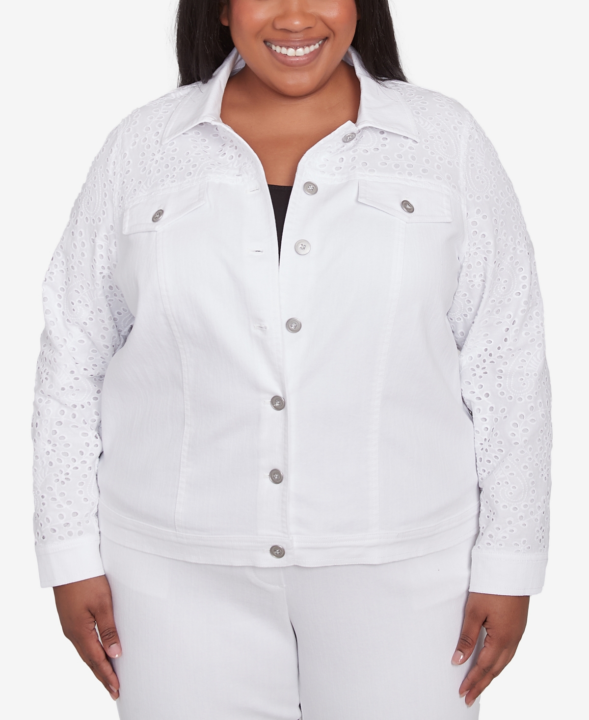 Plus Size Crystal Springs Eyelet Denim Long Sleeve Jacket - White