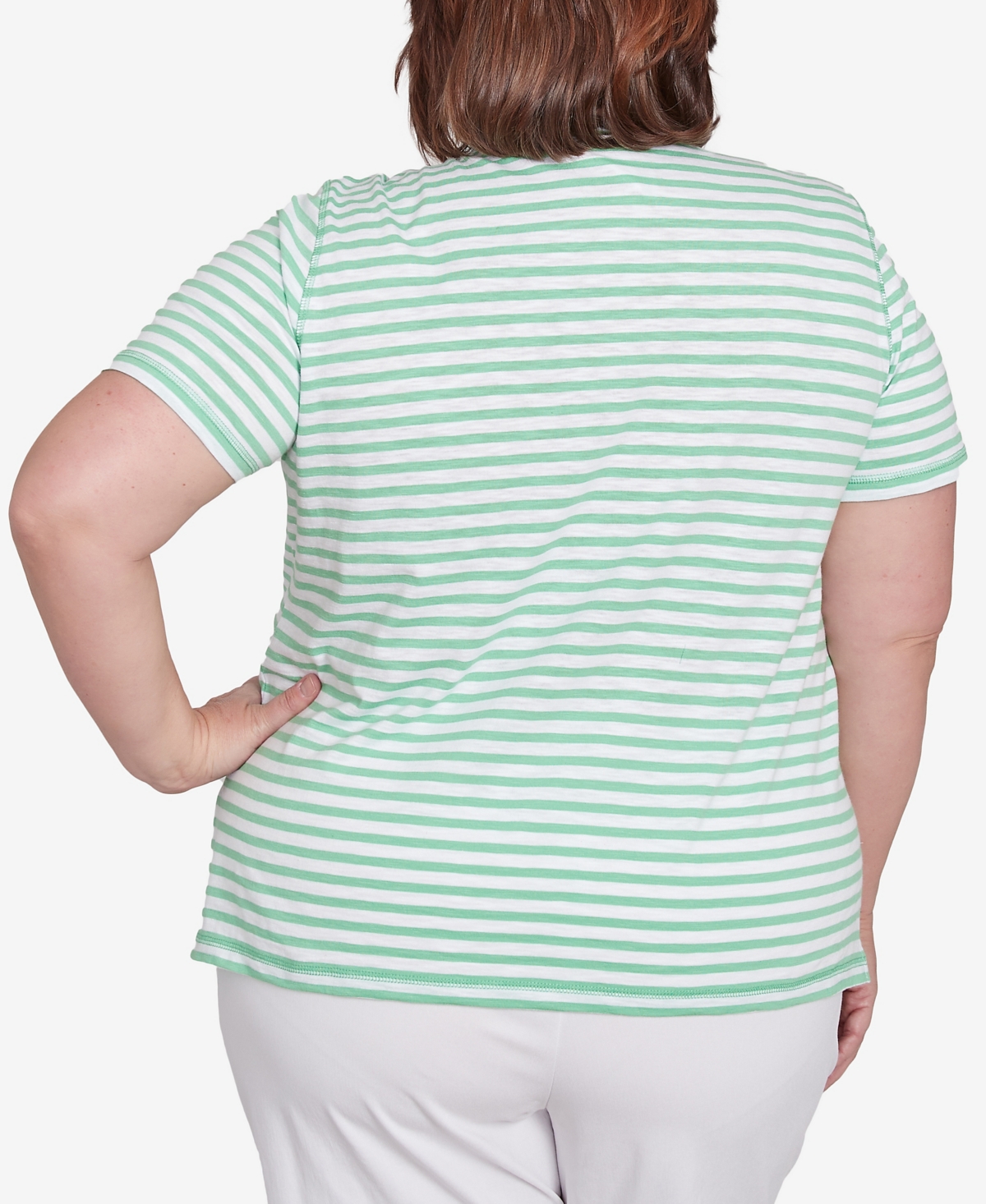 Alfred Dunner Plus Size Rise And Shine Lemon Printed Striped Top In Lime