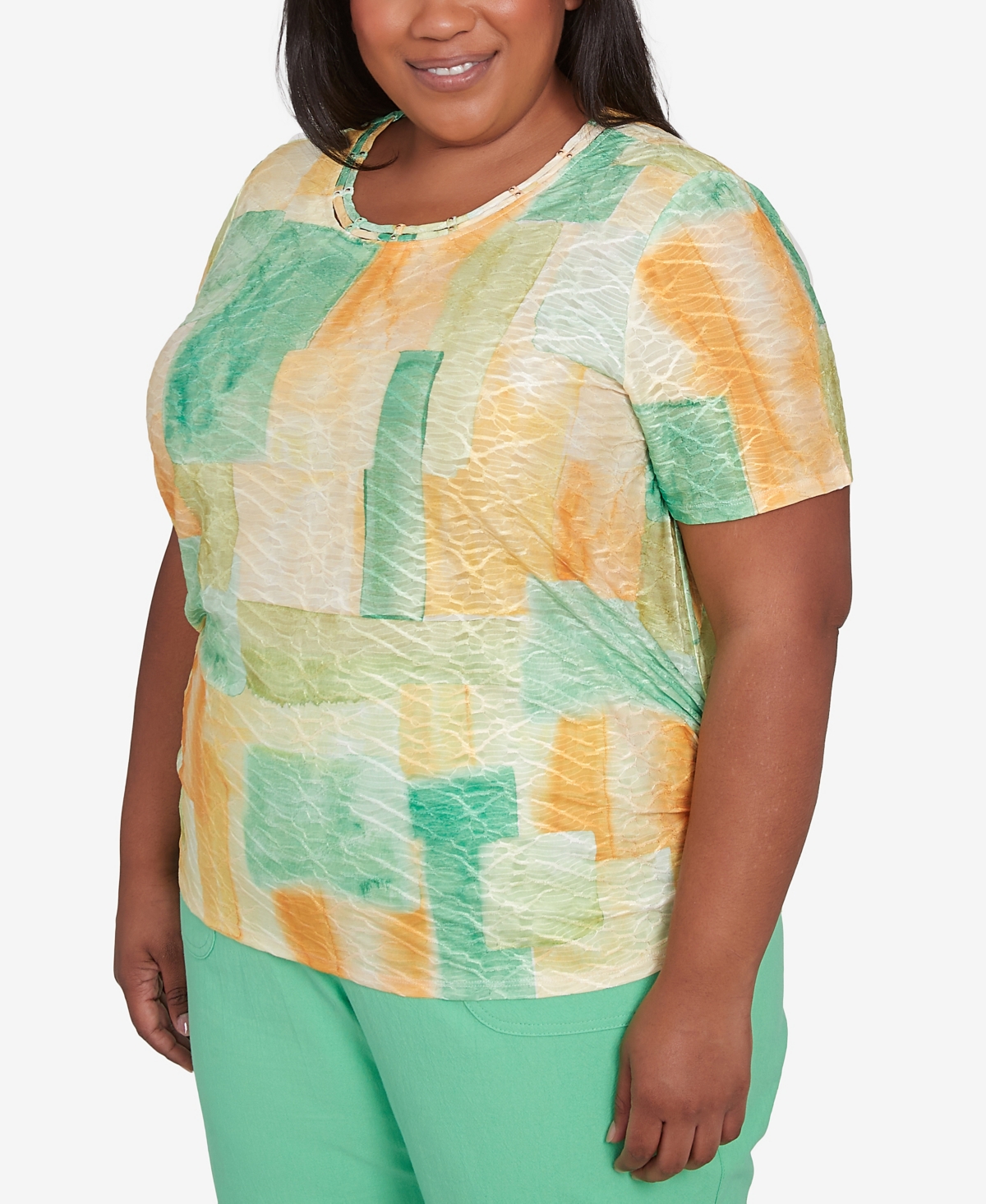 Alfred Dunner Plus Size Rise And Shine Textured Patch Short Sleeve Top In Lemon Multi