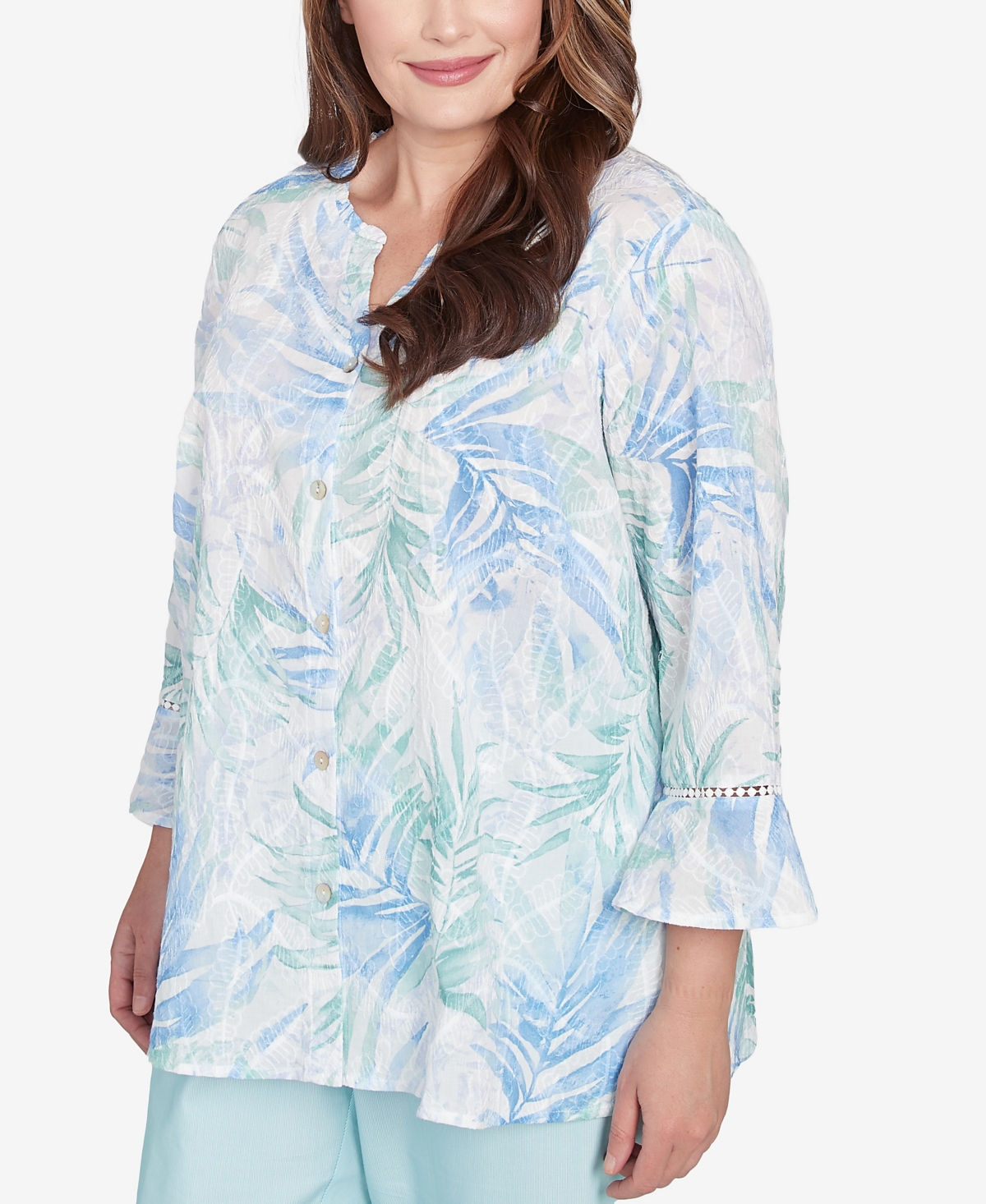 Alfred Dunner Plus Size St. Thomas Tropical Embroidered Button Front Top In Multi