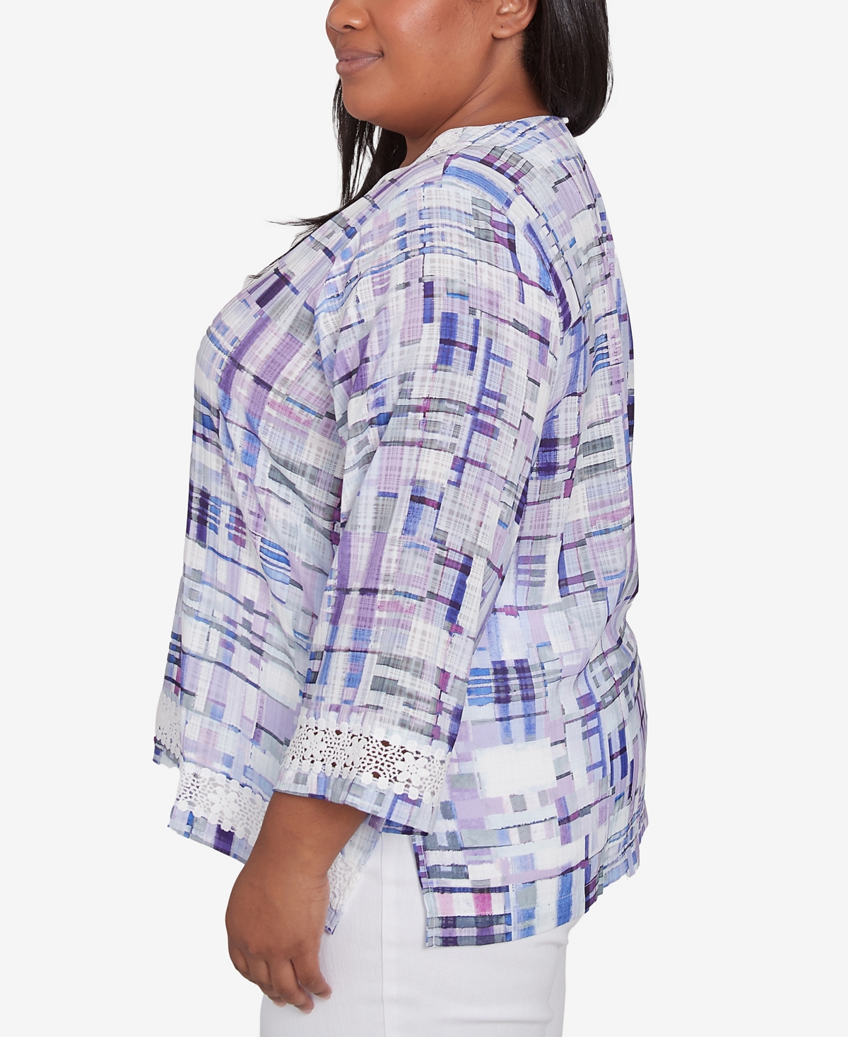 Alfred Dunner Plus Size Crystal Springs Watercolor Plaid Lace Neck Top In Lilac