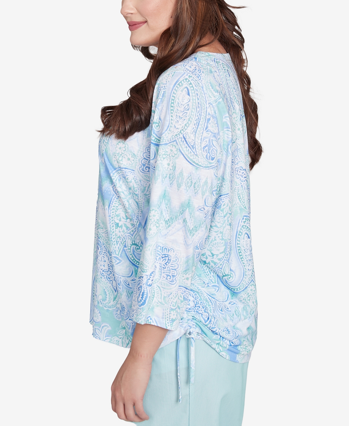 Alfred Dunner Plus Size St. Thomas Island Mint Paisley Ruched Side Top In Blue
