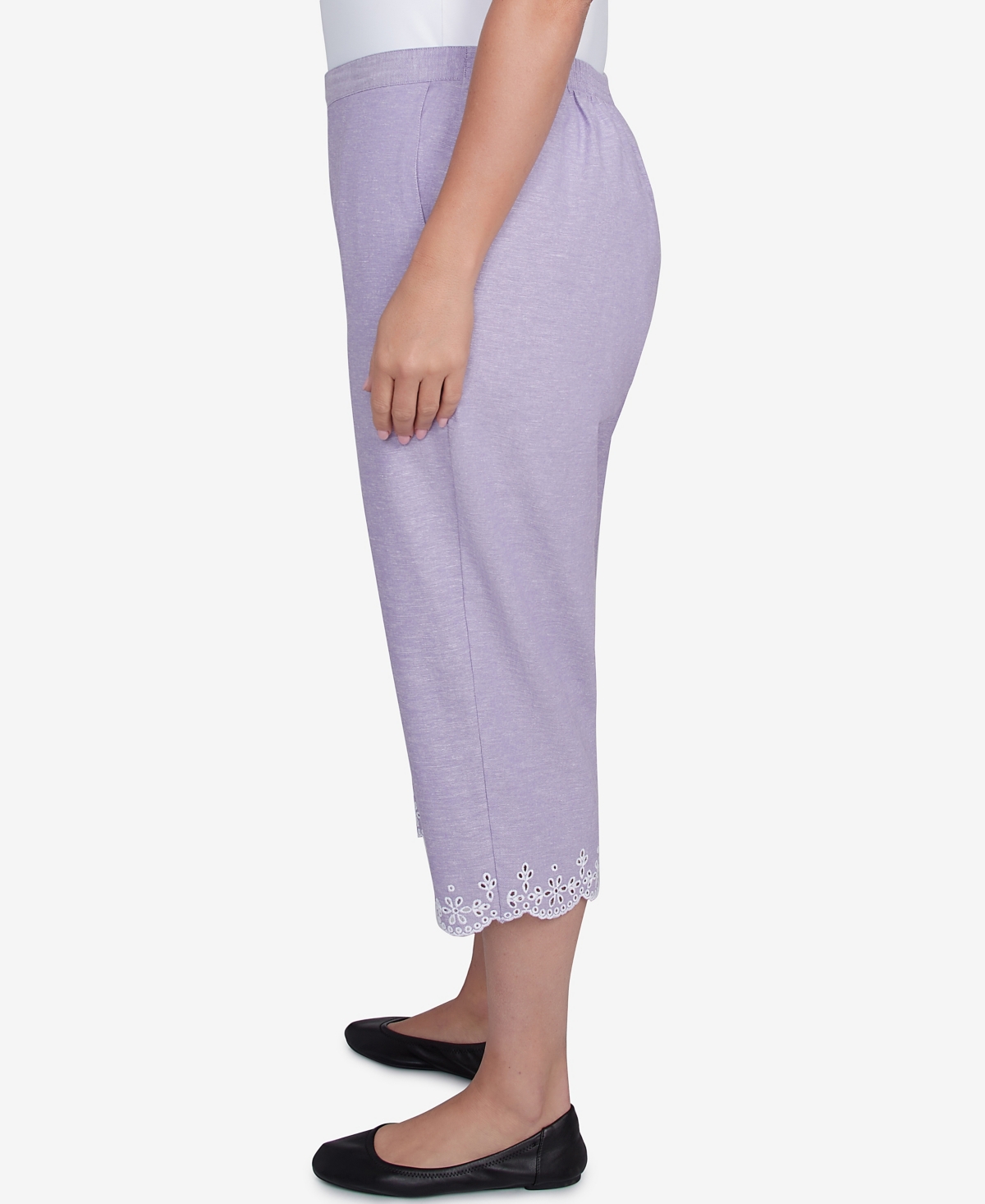 Alfred Dunner Plus Size Crystal Springs Eyelet Embroidered Capri Pants In Purple