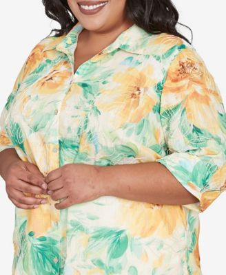 Plus Size Rise and Shine Watercolor Floral Tie Sleeve Button Down Top