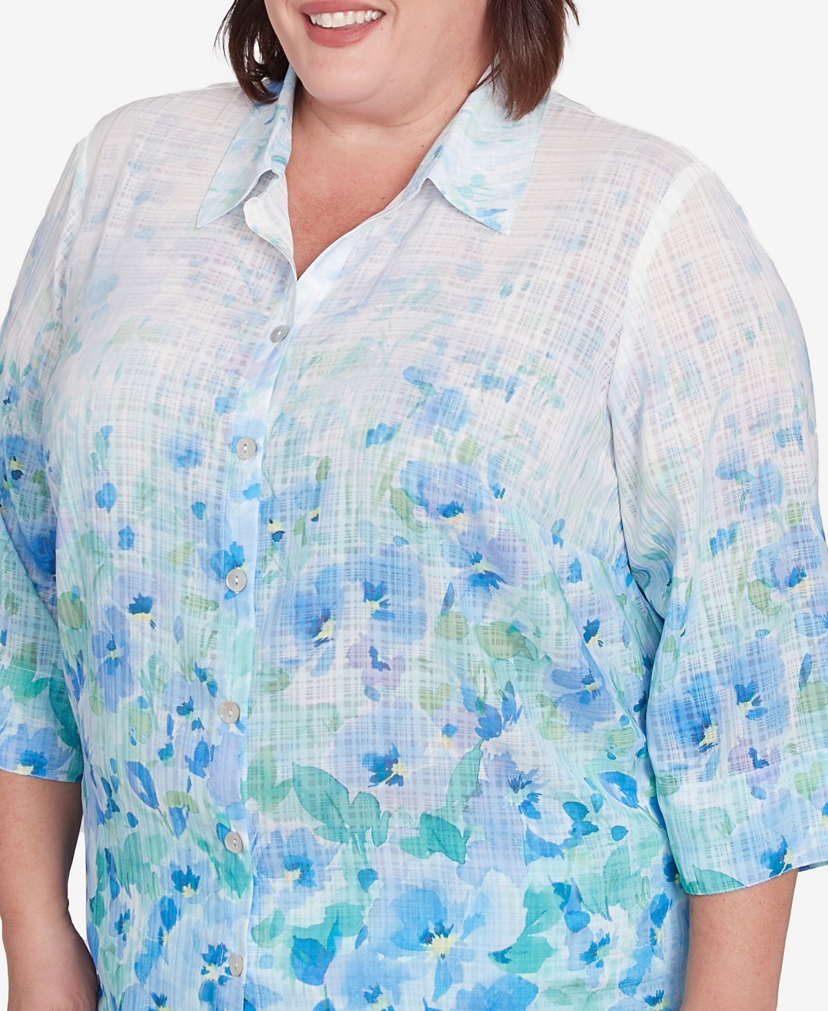 Alfred Dunner Plus Size St. Thomas Border Floral Button Down Top In Sky Blue Multi