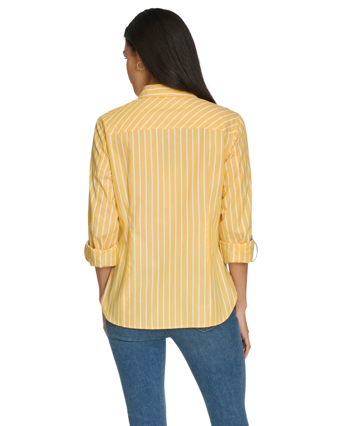 Nautica Jeans Women's Sail Stripe Roll Tab Top In Golden Rod,bright White