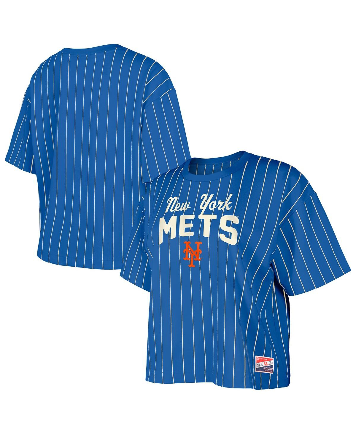 NEW ERA WOMEN'S ROYAL NEW YORK METS COOPERSTOWN COLLECTION MULTIPLIER PINSTRIPE CROPPED T-SHIRT 