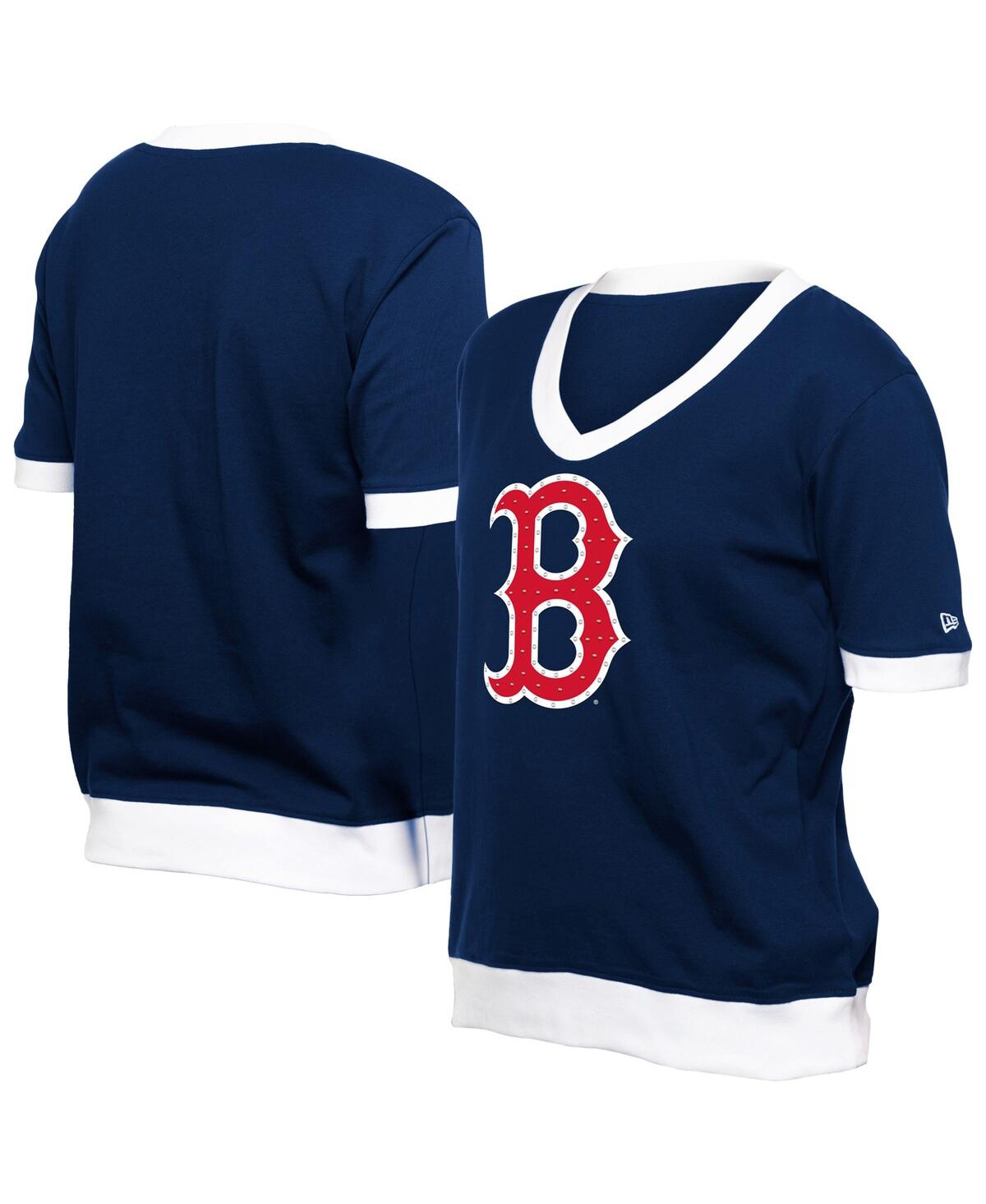 NEW ERA WOMEN'S NAVY BOSTON RED SOX GAME DAY RHINESTONE V-NECK T-SHIRT 