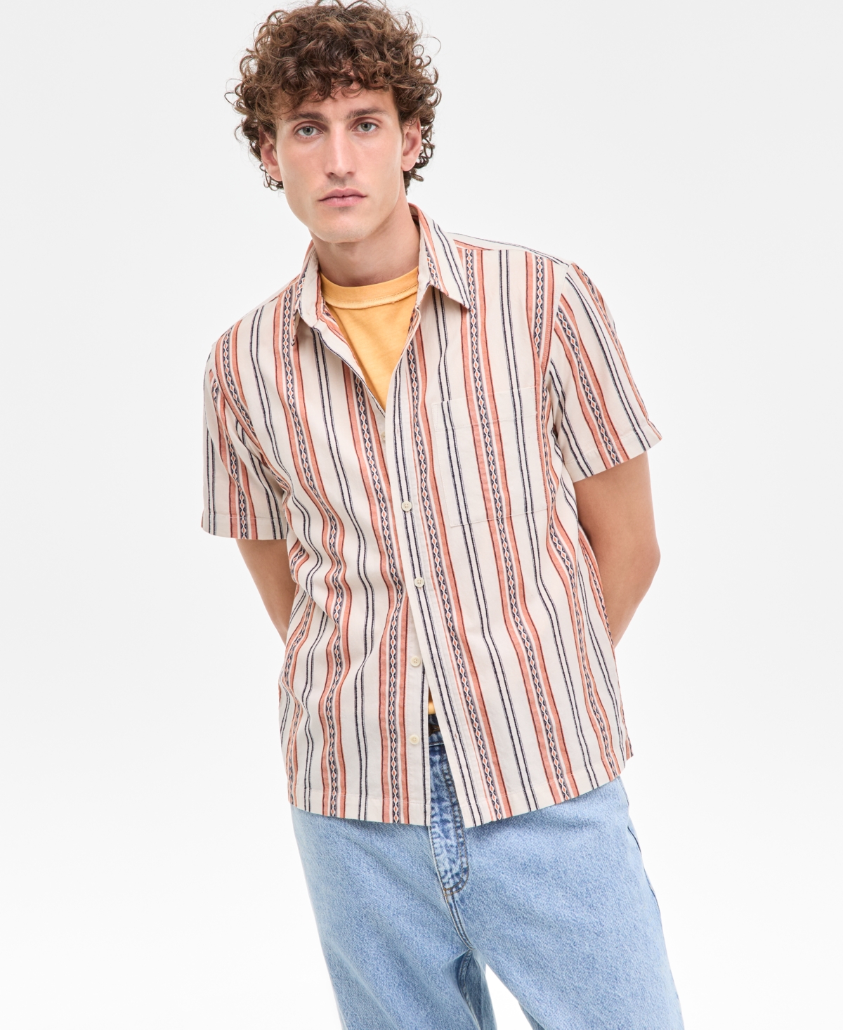 Men's Arnav Regular-Fit Geo-Stripe Button-Down Shirt, Exclusively at Macy's - Vintage White