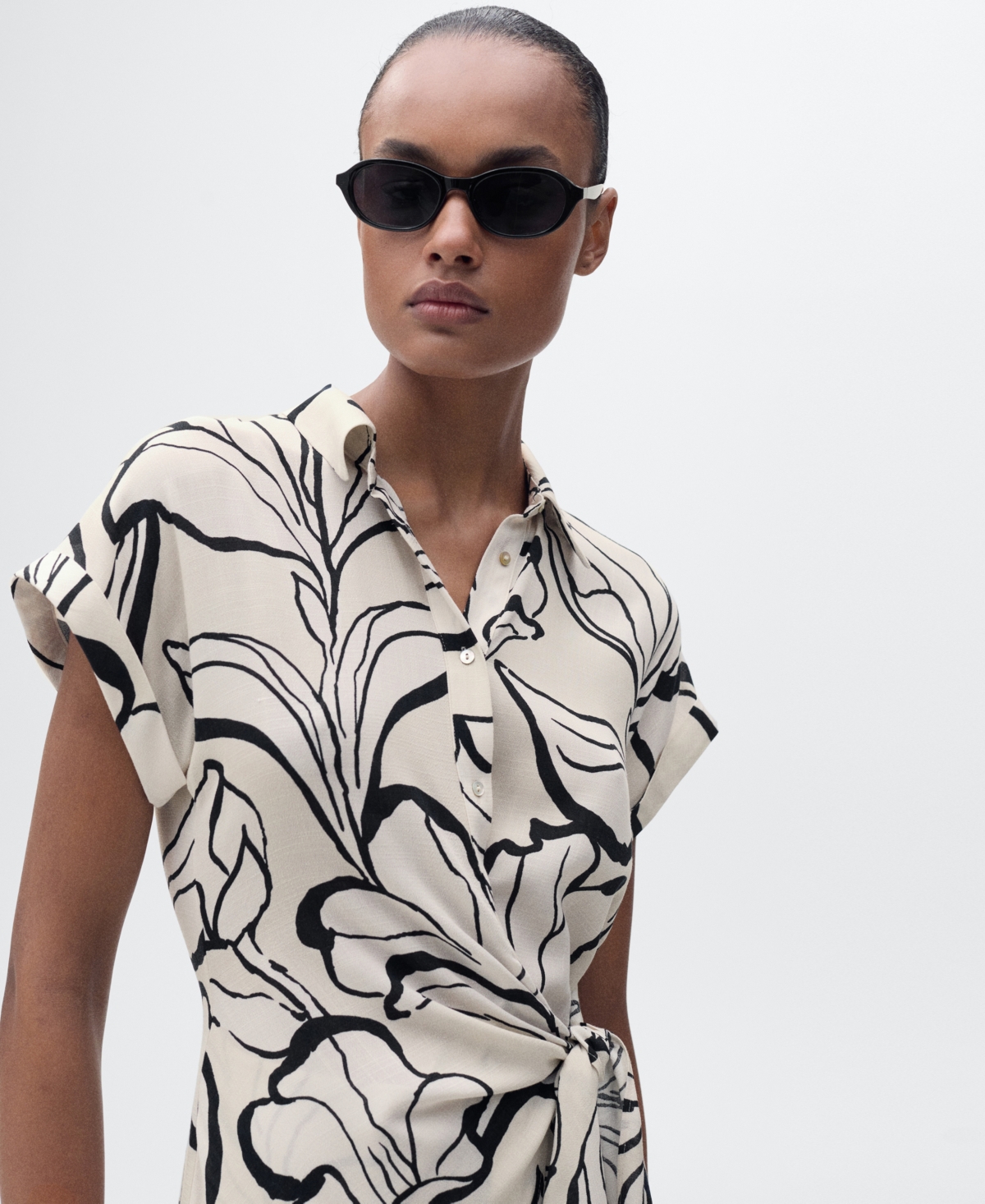 Mango Printed Dress With Knot Detail Ecru In Ecru