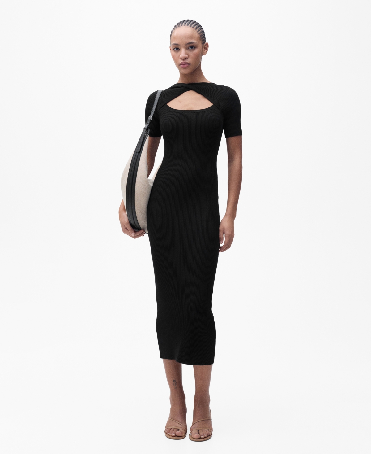 Mango Keyhole Rib Midi Dress In Black
