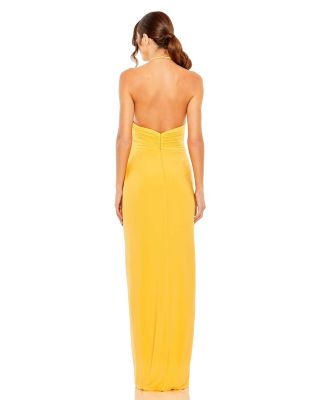 Women's Halter Neck Ruched Side Front Slit Gown