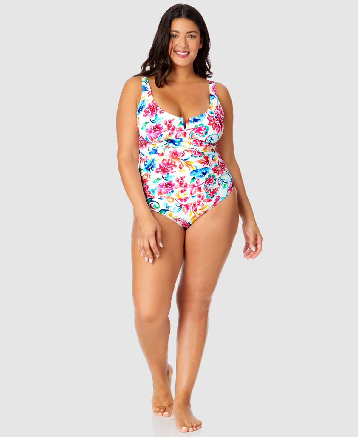 Plus Size Watercolor Paisley V-Wire One-Piece Swimsuit - Multi Color