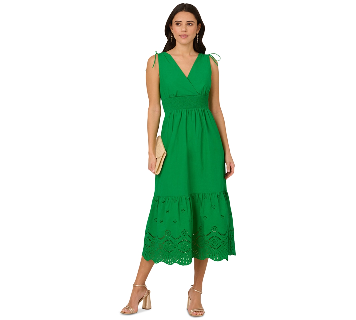 Women's Smocked-Waist Tie-Sleeve Eyelet Cotton Sundress - Palm Leaf