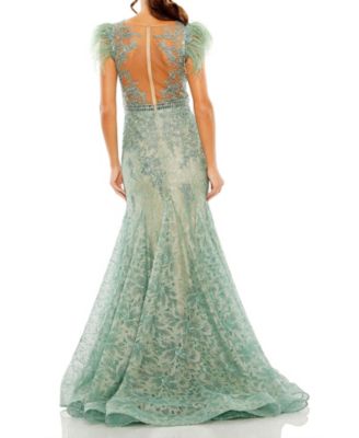 Women's Embellished Feather Cap Sleeve Illusion Neck Trump