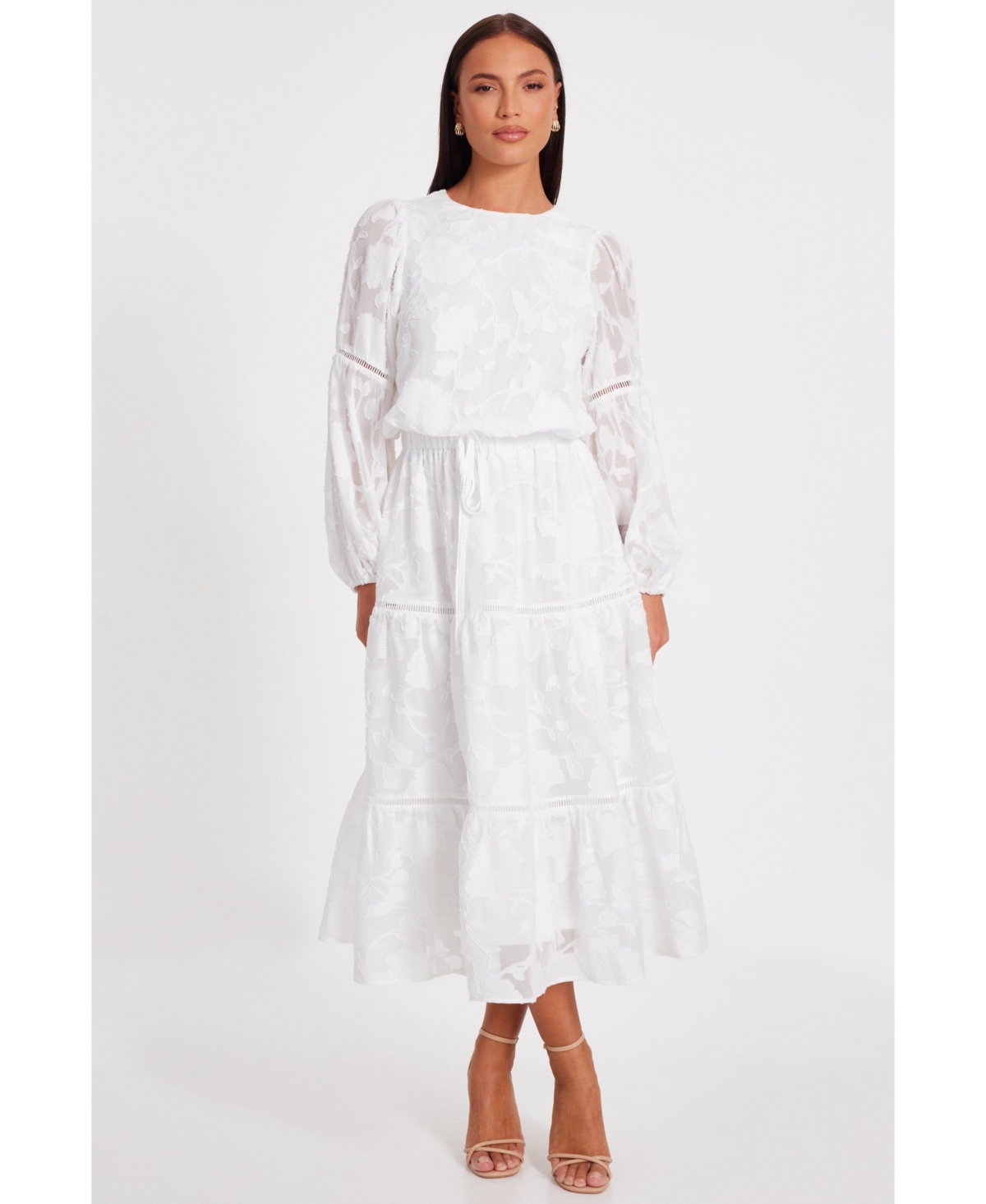 Women's Jacquard Midi Dress with Balloon Sleeve - White
