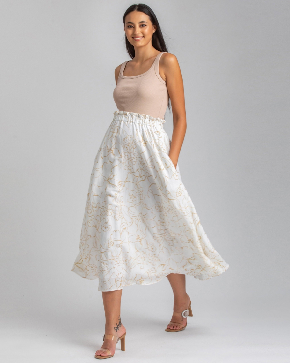 Maternity Floral Print Hidden Pocket Midi Olivia Skirt - Soft fine lines