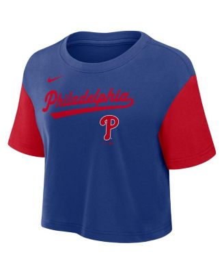 Women's Royal/Red Philadelphia Phillies Script Cropped Performance T-Shirt