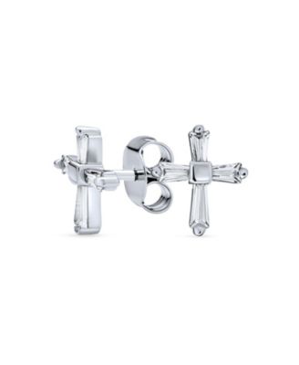 Accent CZ Cubic Zirconia Baguette Petite Religious Cross Stud Earrings Plated .925 Sterling