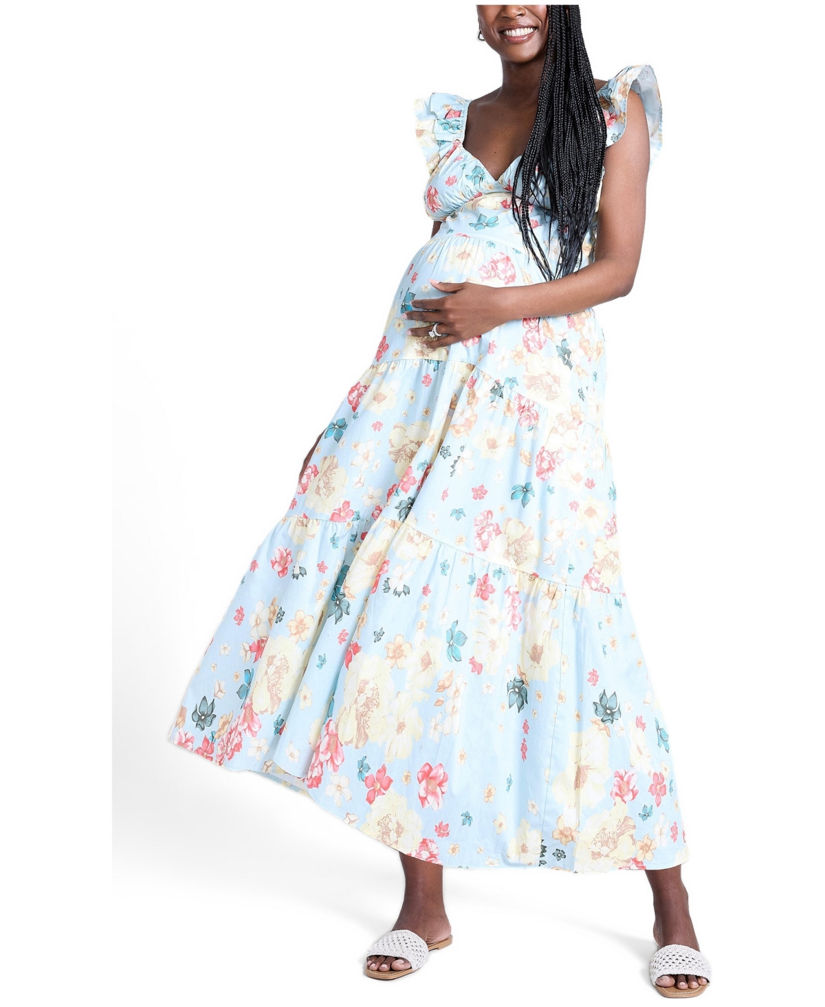 Motherhood Maternity Maternity Ruffle Sleeve Tie-Back Maxi Dress - Motherhood - Skyway floral