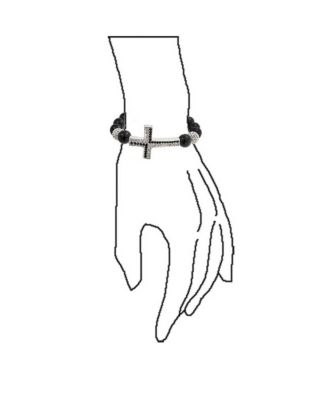 Religious Sideways Cross Onyx Compressed Pave Crystal Stretch Bracelet Plated