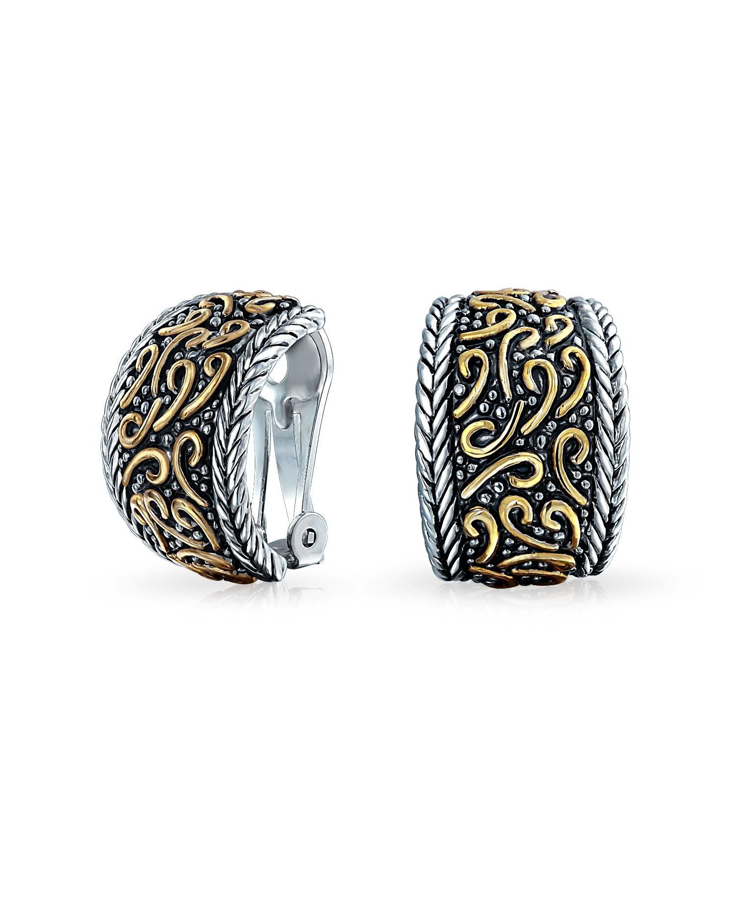 Bali Style Swirl 2-Tone Clip On Earrings Black Oxidized Silver Gold Plated