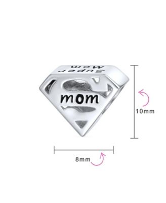 Mothers Day -Shape Saying Word SUPER MOM Charm Bead Oxidized .925 Sterling Silver