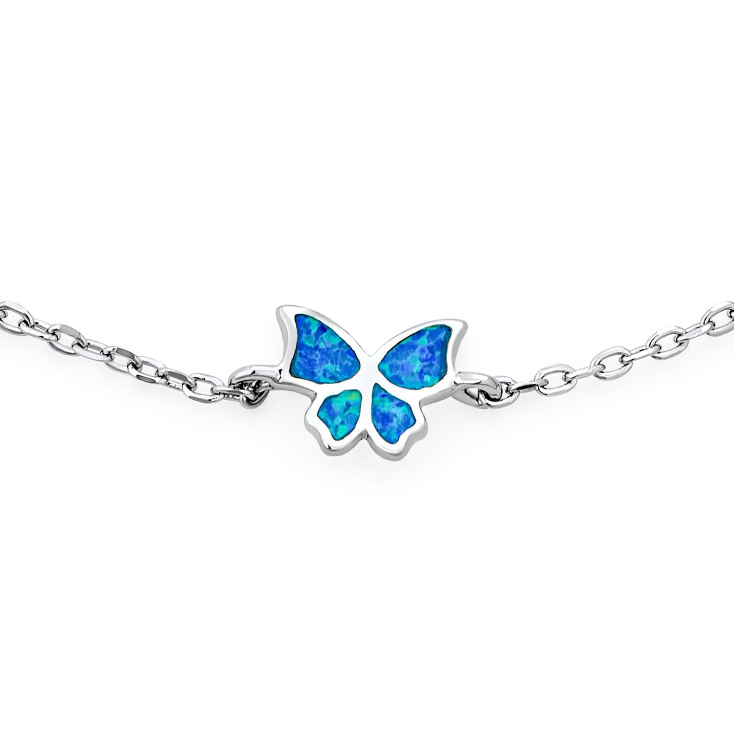 Created Blue Opal Butterfly Charm Anklet Ankle Bracelet Sterling Silver