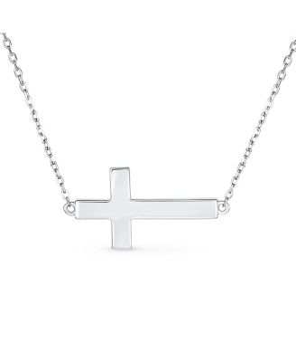 Minimalist Simple Created White Opal Inlay Horizontal Sideways Cross Necklace Station Pendant .925 Sterling Silver