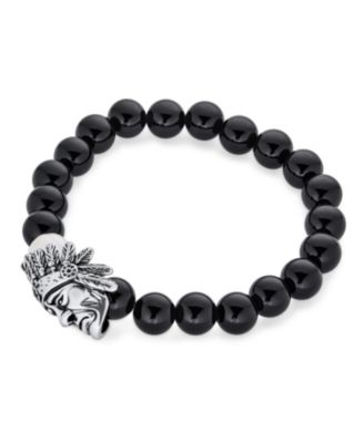 Bead Indian Chief Head Animal Western Longhorn Loin French Bulldog Strand Stretch Bracelet Gunmetal Plated