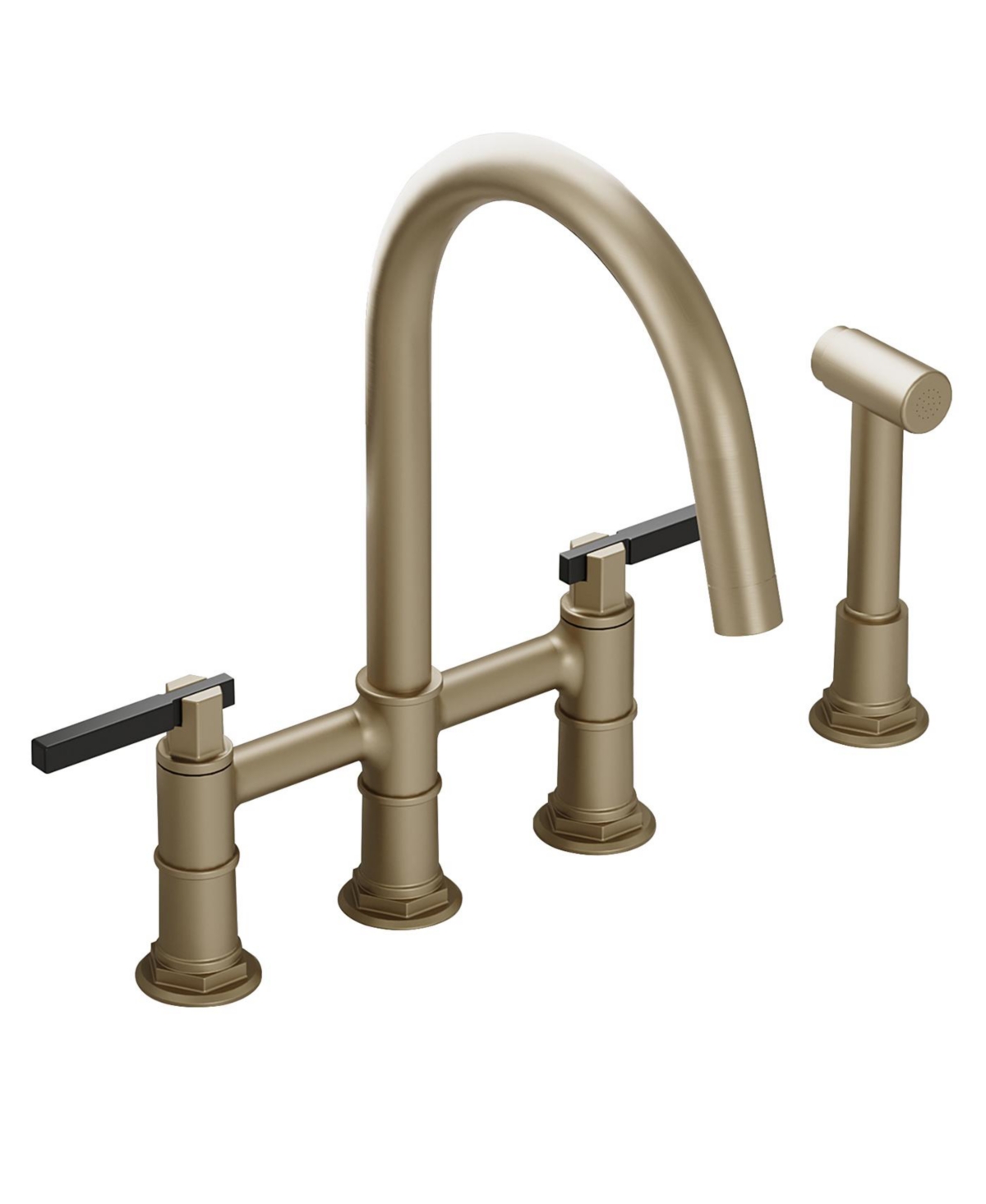 Double Handle 4-Holes Deck Mount Bridge Kitchen Faucet with Side Sprayer Sink Faucet 360 Swivel Spout in Brushed Gold - Brushed gold