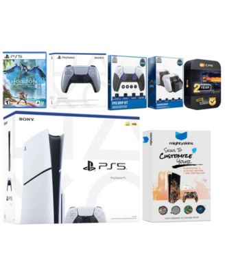 Playstation 5 Slim Disc with Horizon Forbidden West, Extra Volcanic Red Controller, FPS Grip Kit, Charge Dock and MightySkins Decal Voucher + 2 Y
