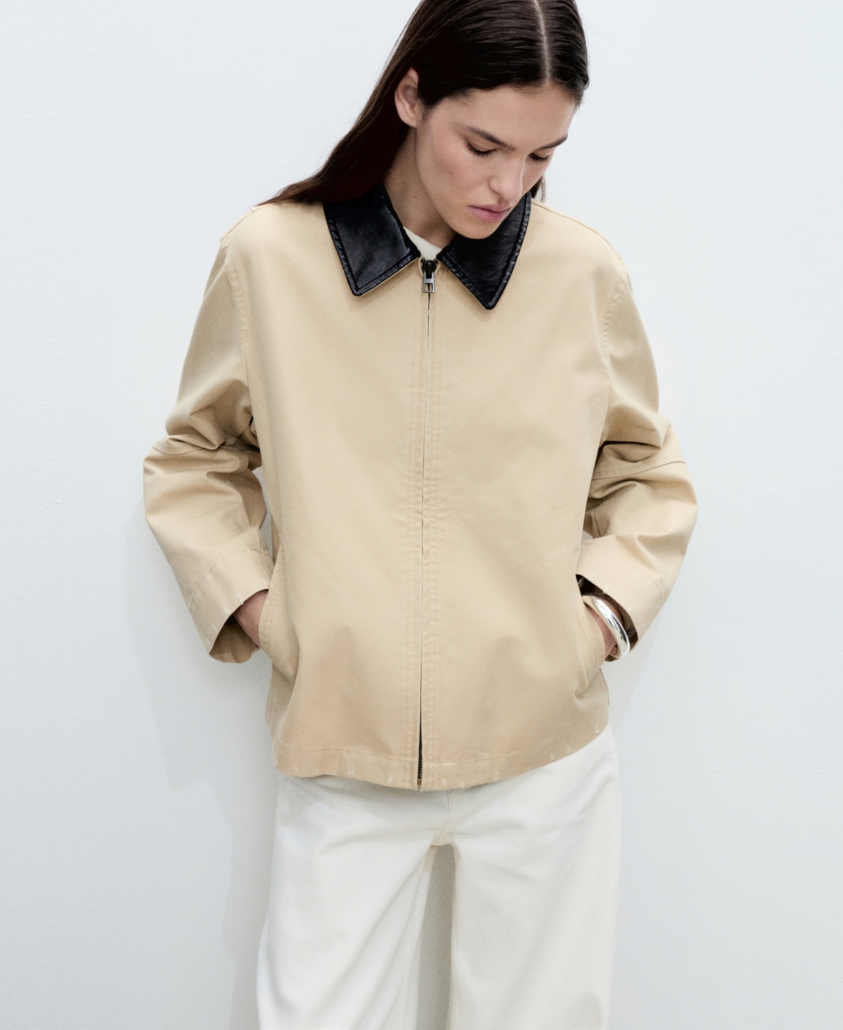 Mango Cotton Jacket With Contrasting Collar In Light,pastel Gray