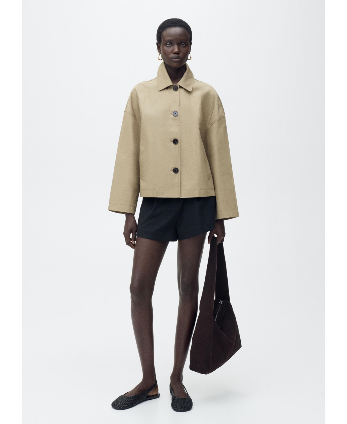 Mango Straight Cotton Jacket With Buttons Khaki In Khaki