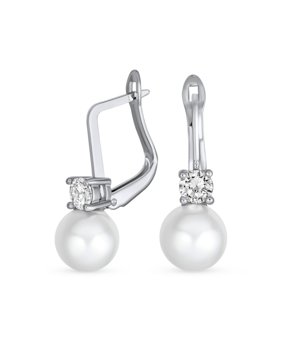 Bling Jewelry Classic Elegant Cz Accent White Glass Simulated Pearl Ball Drop Earrings Hinge Closure Silver Plated