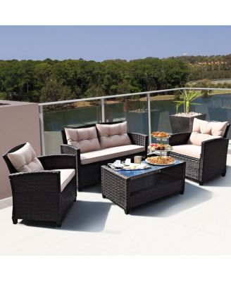 4PCS Outdoor Rattan Furniture Set Cushioned Patio Sofa Set