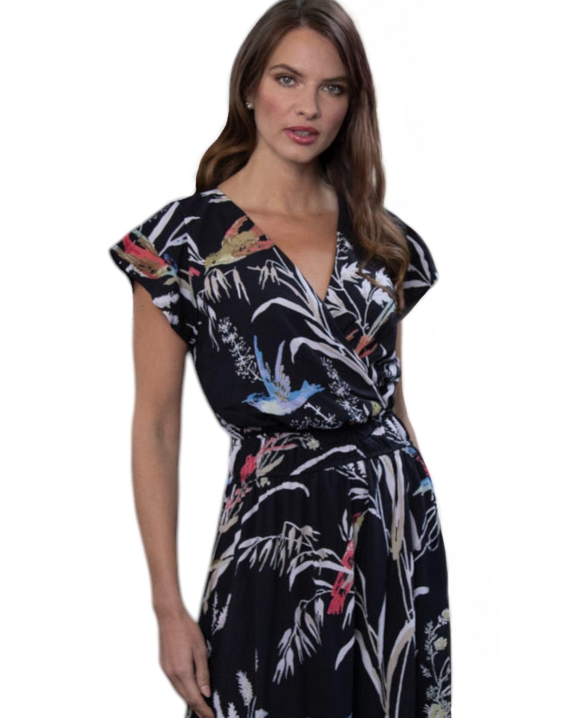 Women's Abstract Print Chiffon Faux Wrap Maxi Dress - Black with white brush strokes