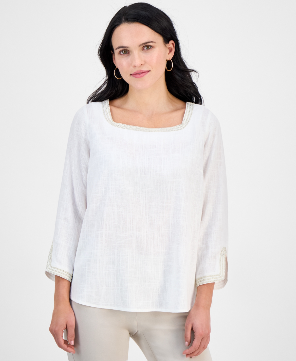 Petite Square-Neck Rope-Trim 3/4-Sleeve Top, Exclusively at Macy's - Bright White