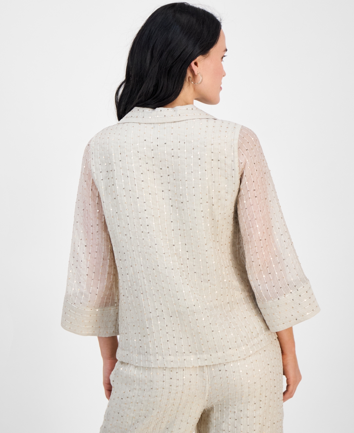 JM COLLECTION PETITE SEQUINNED SPLIT-NECK 3/4-SLEEVE TOP, EXCLUSIVELY AT MACY'S 