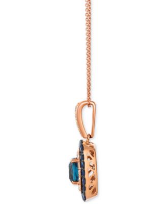 Deep Sea Blue Topaz (1-1/2 ct. t.w.), Blueberry Sapphire (7/8 ct. t.w.) & Nude Diamond (1/2 ct. t.w.) Cushion Halo Adjustable 20" Pendant Necklace in 14k Rose Gold