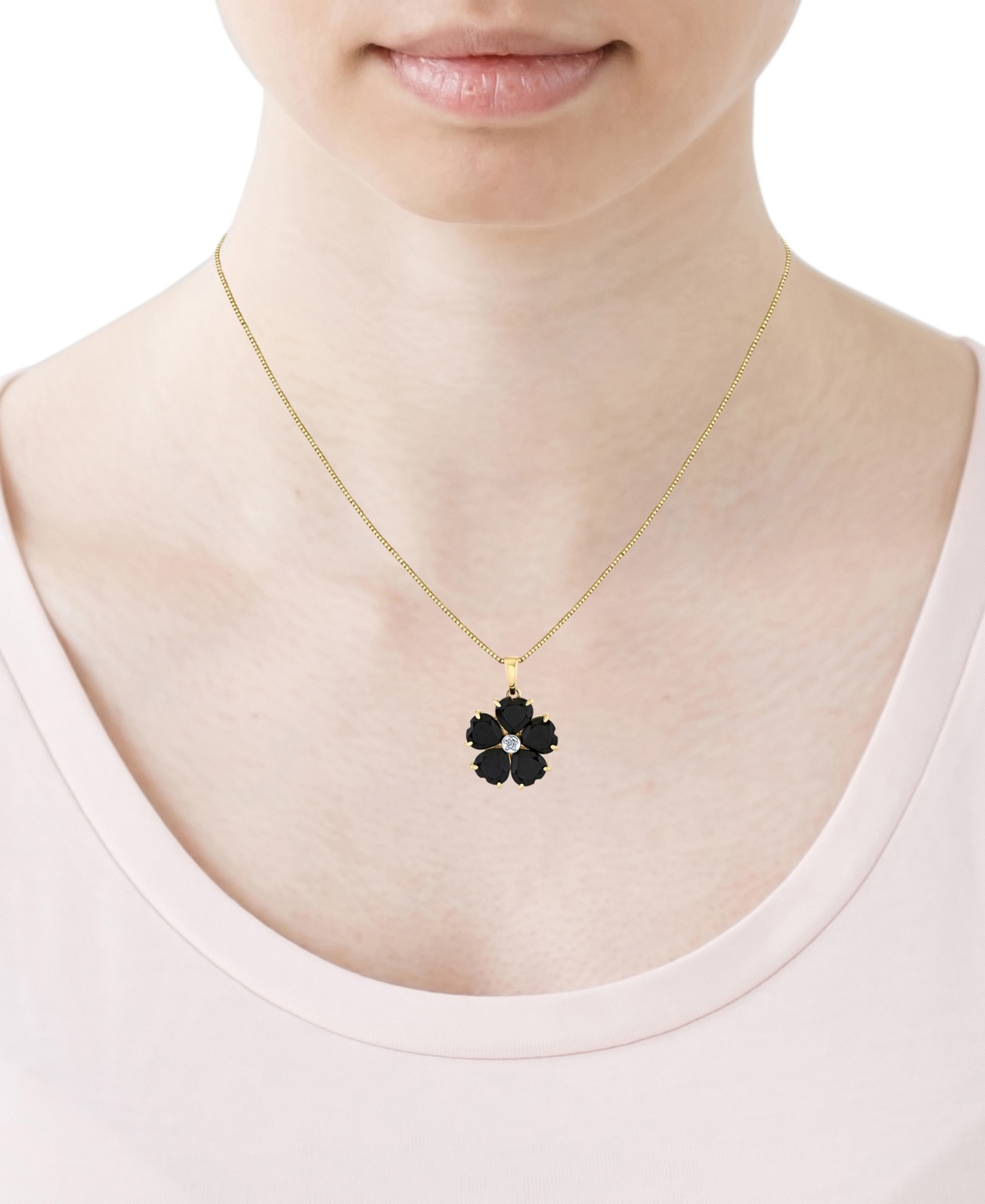 Macy's Heart Onyx (6mm) & Diamond Accent Flower 18" Pendant Necklace In 10k Yellow Gold In Gold