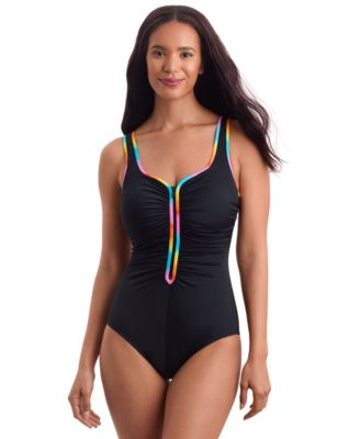 ShapeSolver Sport by Mimi Flamingo - Women's Shirred-Side Zip-Up One-Piece Swimsuit