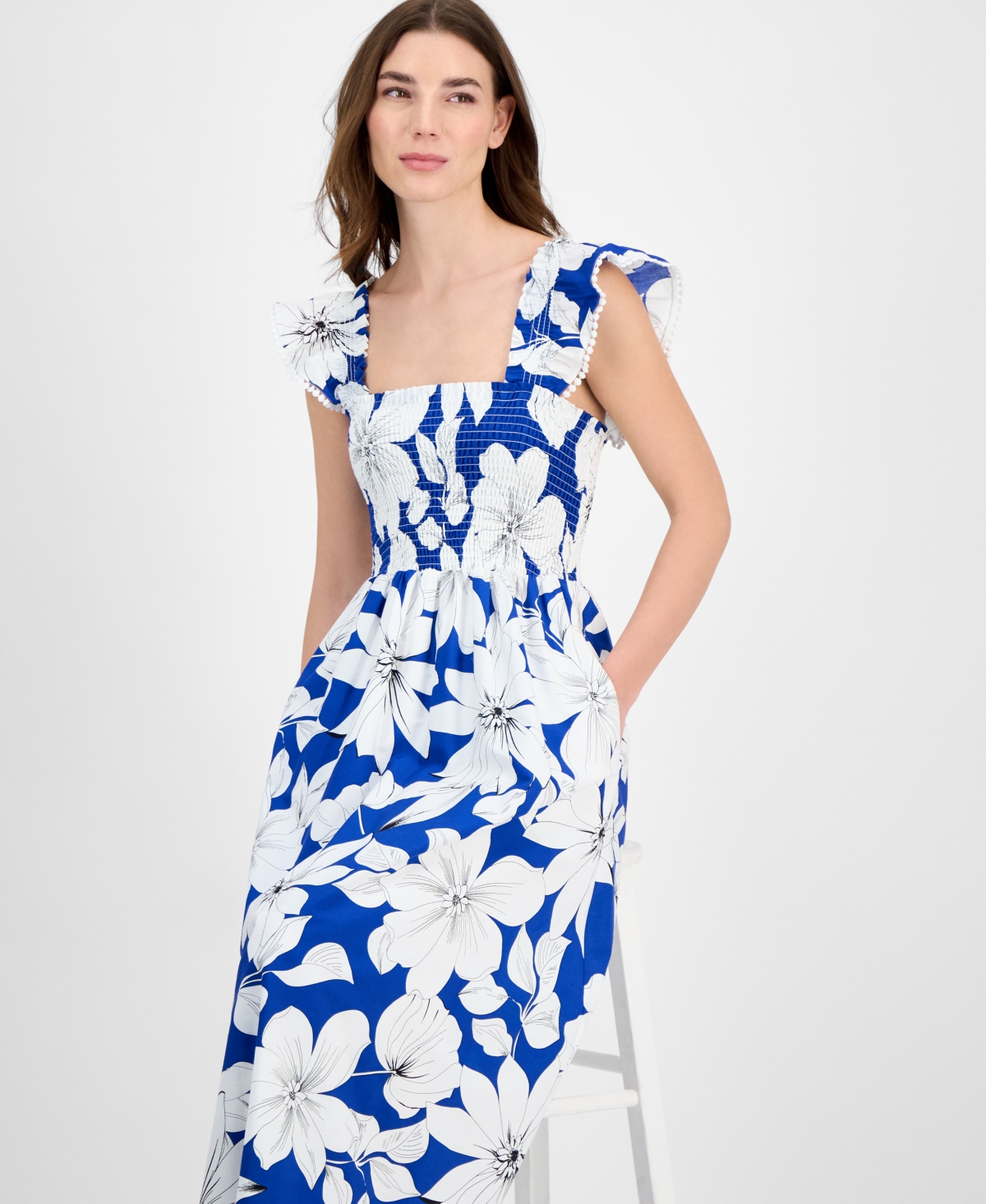 Anne Klein Women's Smocked Ruffled-strap Midi Dress