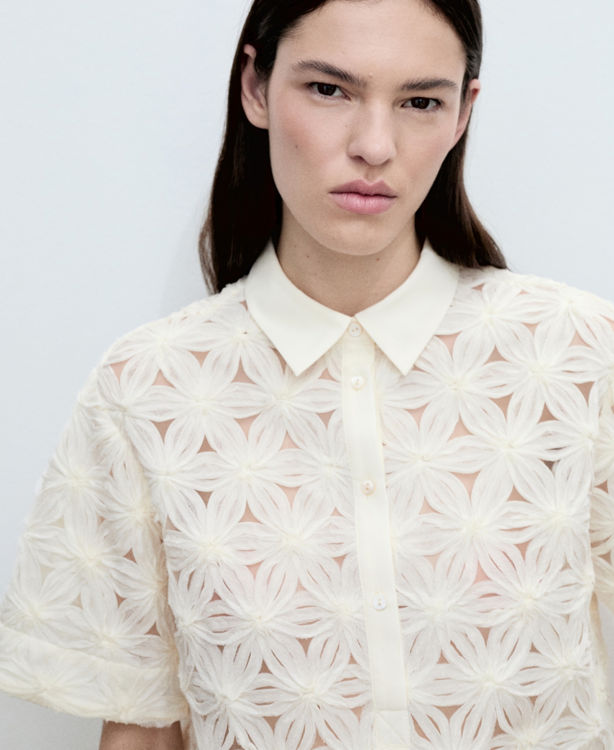 Mango Women's Openwork Floral Textured Shirt In Ecru