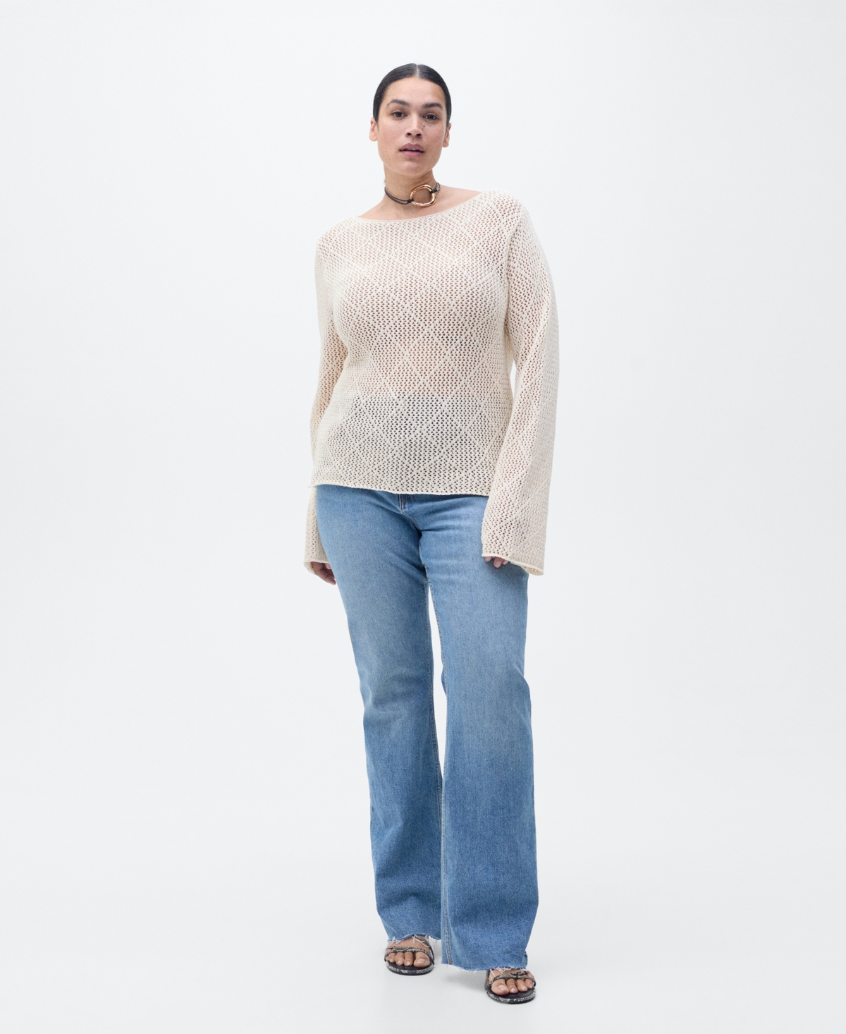 Shop Mango Women's Cotton Openwork Knit Sweater In Ecru